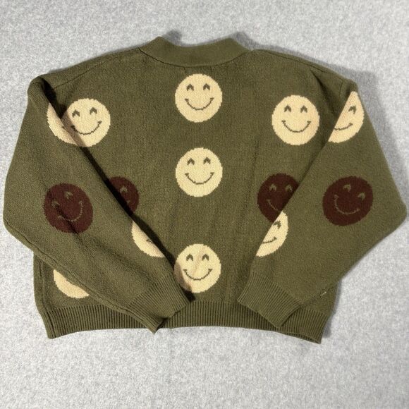 Forever 21 Women's Cozy Fit Cardigan Smiley Face Green Tan Jacquard Knit Size M - Picture 7 of 7